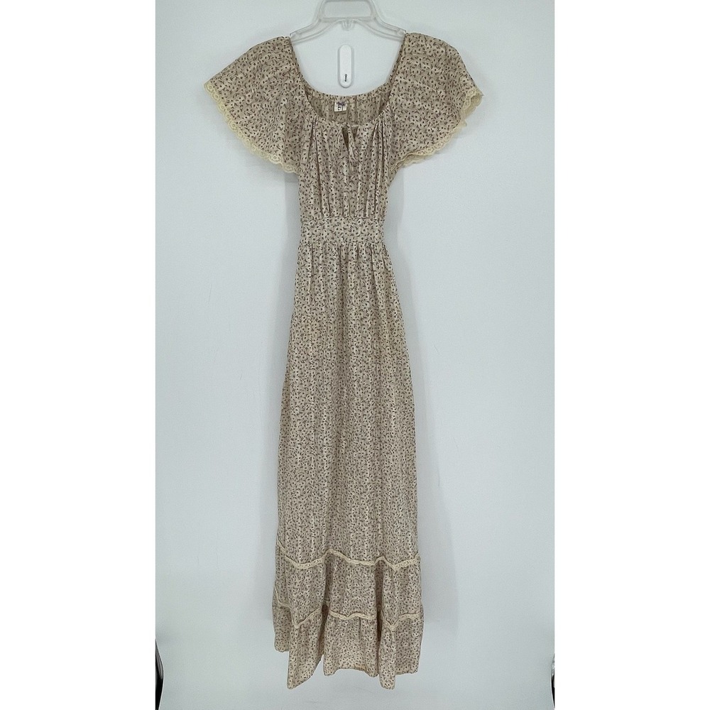 1970's Vintage Junior's Beige Floral Lace Trim‎ Flutter Sleeve Maxi Dress Size 9